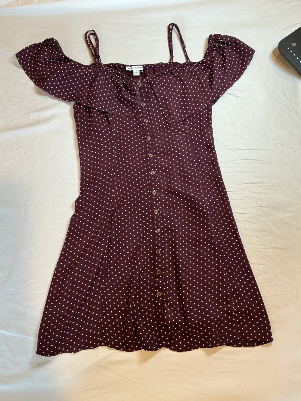 American Eagle Outfitters Wine Polka Dot Button-Front Dress